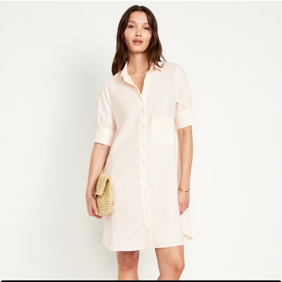 NWT OLD NAVY Linen-Blend Shirt Dress  Color: Creme De La Crème - Picture 2 of 7